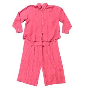 Oysho Linen Button Shirt Wide Leg Pant Set Coastal Loungewear Pink XL